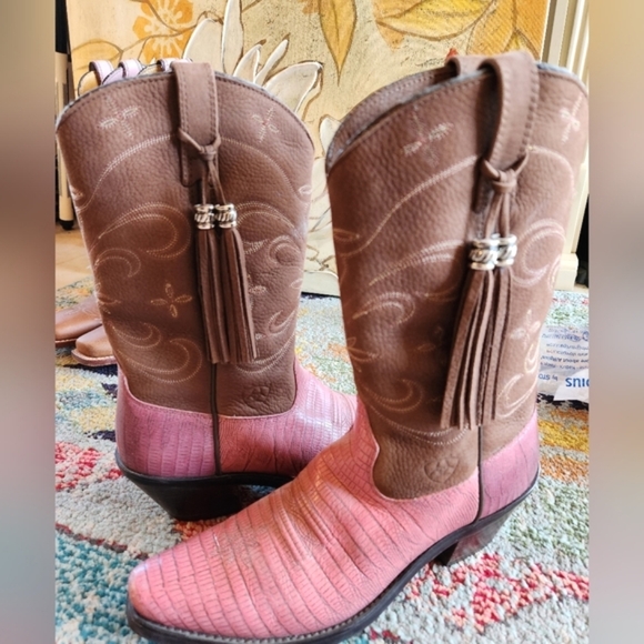 ARIAT Heritage Snip Snub Nose Brown Pink Croc Fringe Tassle Leather Boots 8.5 B - Picture 1 of 16